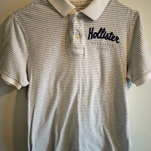 Hollister White, Light Gray & Navy Logo Striped Polo
